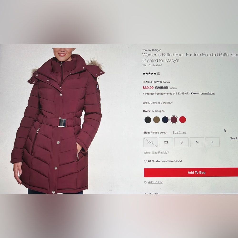 Tommy Hilfiger Belted Hooded Puffer Coat - Like New!